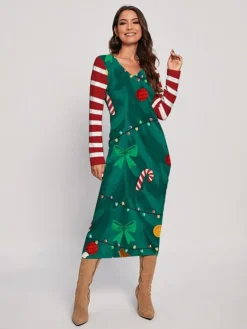 Women's Christmas Dress Sweater Dress Jumper Dress Midi Dress Ugly Stripe Outdoor Christmas Daily Holiday V Neck Long Sleeve 2023 Regular Fit Wine Green S M L XL XXL 3XL