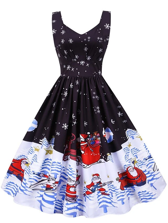 Women's Christmas Knee Length Dress Purple Black Red Navy Blue Light Blue Sleeveless Print Bow Print Fall Winter V Neck Casual Vintage2021 S M L XL XXL 13 Women's Christmas Knee Length Dress Purple Black Red Navy Blue Light Blue Sleeveless Print Bow Print Fall Winter V Neck Casual Vintage2021 S M L XL XXL - Image 13