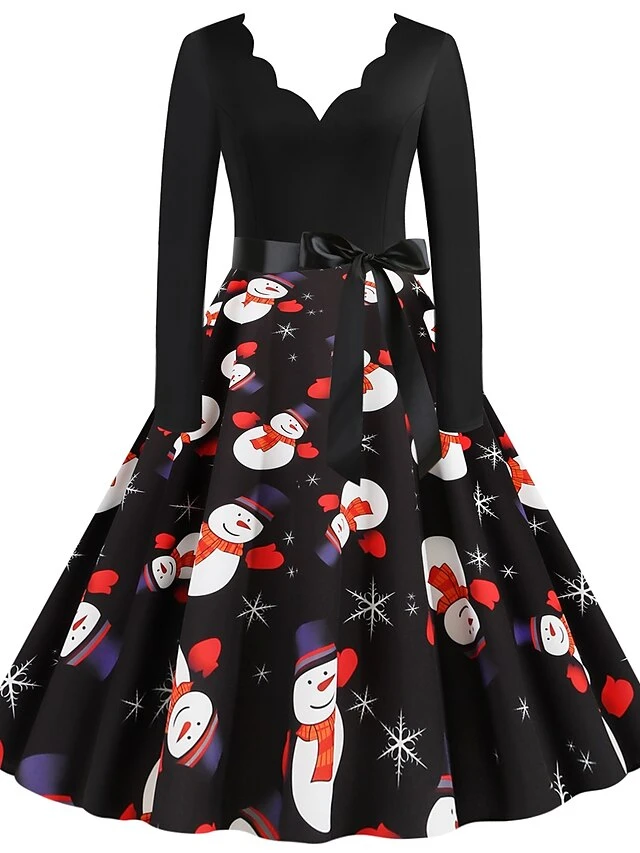 Women's Christmas Knee Length Dress Black Long Sleeve Print Print Winter V Neck Active3D Print S M L XL XXL XXXL 5 Women's Christmas Knee Length Dress Black Long Sleeve Print Print Winter V Neck Active3D Print S M L XL XXL XXXL - Image 5