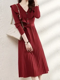 Women‘s Christmas Sweater Dress Jumper Dress Winter Dress Fashion Pure Color Outdoor Christmas Daily Going Out V Neck Long Sleeve Lace Up Ruched 2023 Loose Fit Black Red S M L XL -Fashion Life Shop xrqqhj1696670554256