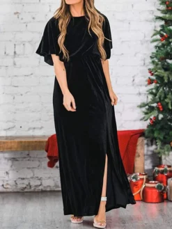 Women's Christmas Dress Casual Dress Velvet Dress Long Dress Maxi Dress Ruched Split Outdoor Christmas Daily Fashion Elegant Crew Neck Half Sleeve 2023 Loose Fit Black Wine Gold Color S M L XL Size -Fashion Life Shop xrrabf1694089528175