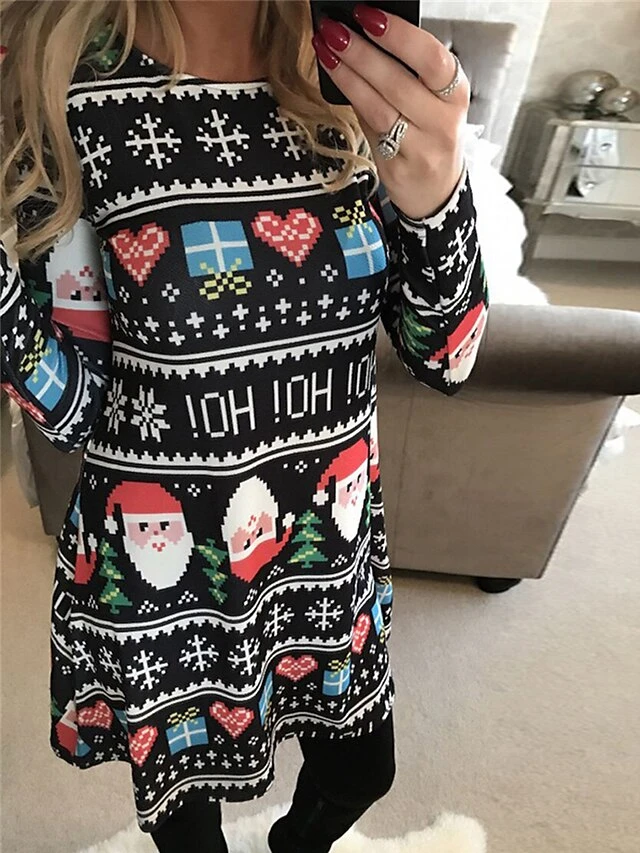 Women's Casual Dress Christmas Dress Print Dress Geometric Santa Claus Print Crew Neck Mini Dress Fashion Modern Christmas Daily Long Sleeve Regular Fit Black Red Navy Blue Fall Winter S M L XL XXL 1 Women's Casual Dress Christmas Dress Print Dress Geometric Santa Claus Print Crew Neck Mini Dress Fashion Modern Christmas Daily Long Sleeve Regular Fit Black Red Navy Blue Fall Winter S M L XL XXL