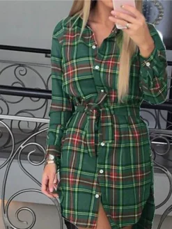 Women's Casual Dress Christmas Dress Shirt Dress Plaid Belted Asymmetrical Shirt Collar Mini Dress Fashion Streetwear Party Christmas Long Sleeve Regular Fit White Red Green Fall Winter S M L XL XXL -Fashion Life Shop xsahfz1694423524912