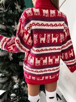 Women‘s Christmas Sweater Dress Jumper Dress Winter Dress Warm Animal Geometric Print Outdoor Christmas Casual Daily Turtleneck Long Sleeve 2023 Loose Fit Red Gray S M L XL -Fashion Life Shop xsibtx1694165714147