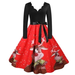 Women's Christmas Knee Length Dress Gray White Black Red Brown Long Sleeve Print Bow Print Fall Winter V Neck Casual Vintage2021 S M L XL XXL 3XL -Fashion Life Shop xtedex1629971763207