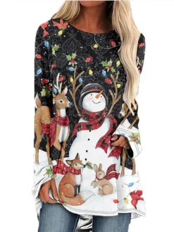 Women's Christmas T Shirt Dress Tee Dress Print DressShort Mini Dress Black And White Long Sleeve Animal Print Patchwork Print Spring Fall Crew Neck Classic Modern 2022 S M L XL 2XL 3XL 4XL