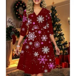 Women's Christmas Print Dress Wine Light Red Dark Green Red Black Long Sleeve Elk SnowmanTree Print Winter Autumn V Neck Fashion CasualFall Dress Loose Fit 2022 S M L XL 2XL 3XL 4XL 5XL -Fashion Life Shop xudybw1666064457102