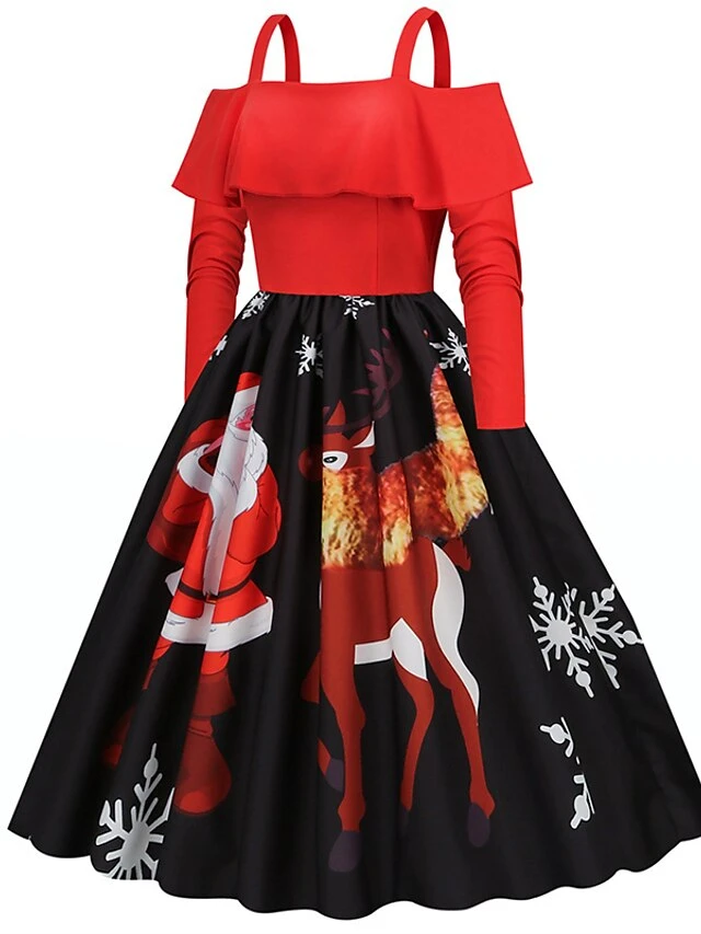 Women's Christmas Swing Dress Slip Dress Vintage Dress Midi Dress Black Wine Light Red Long Sleeve Santa Claus Cold Shoulder Winter Fall Autumn Spaghetti Strap Modern Vacation 2022 S M L XL XXL 3XL 2 Women's Christmas Swing Dress Slip Dress Vintage Dress Midi Dress Black Wine Light Red Long Sleeve Santa Claus Cold Shoulder Winter Fall Autumn Spaghetti Strap Modern Vacation 2022 S M L XL XXL 3XL - Image 2