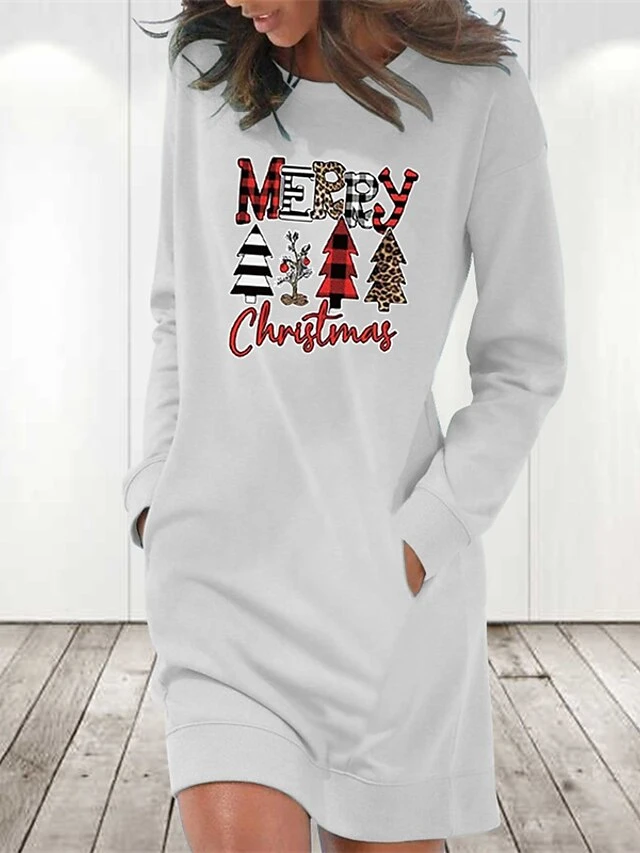 Women's Christmas Hoodie Dress Winter Dress Light Blue Grey White Long Sleeve Letter Tree Pocket Print Winter Fall Crew Neck Stylish Casual Fall Dress Loose Fit 2022 S M L XL 2XL / Cotton 3 Women's Christmas Hoodie Dress Winter Dress Light Blue Grey White Long Sleeve Letter Tree Pocket Print Winter Fall Crew Neck Stylish Casual Fall Dress Loose Fit 2022 S M L XL 2XL / Cotton - Image 3