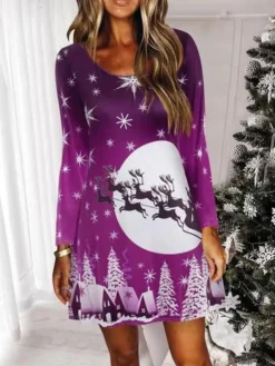 Women's Christmas Shift DressShort Mini Dress Green Blue Purple Red Long SleeveTree Printhat Patchwork Print Fall Winter Crew Neck Casual 2022 S M L XL 2XL -Fashion Life Shop xwcgas1668516771522