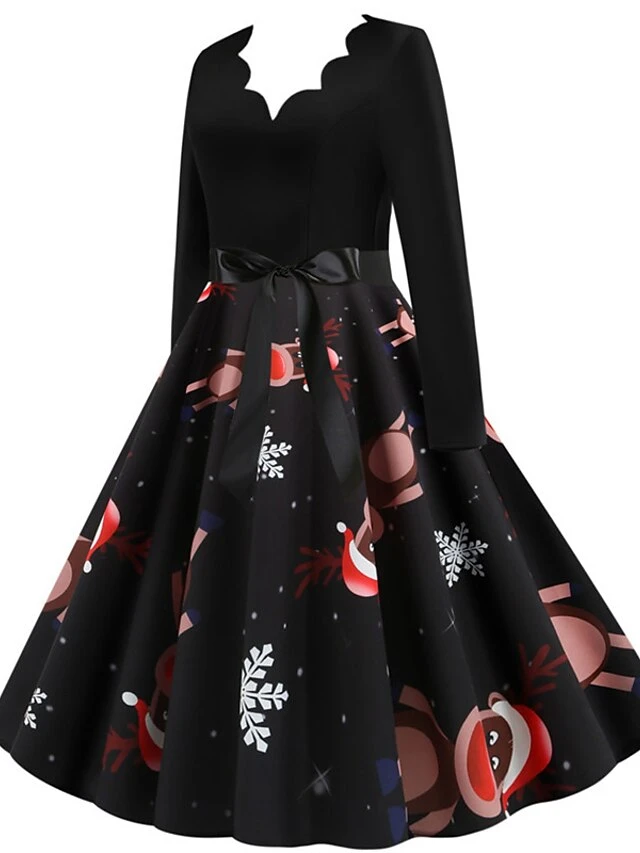 Women's Christmas Knee Length Dress Wine Green Orange Black Red Brown Navy Blue Long Sleeve Print Bow Print Fall Winter V Neck Casual Vintage2021 S M L XL XXL 3XL 17 Women's Christmas Knee Length Dress Wine Green Orange Black Red Brown Navy Blue Long Sleeve Print Bow Print Fall Winter V Neck Casual Vintage2021 S M L XL XXL 3XL - Image 17