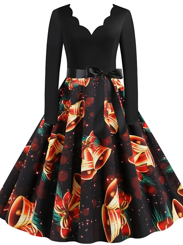 Women's Christmas Knee Length Dress Wine Green Orange Black Red Brown Navy Blue Long Sleeve Print Bow Print Fall Winter V Neck Casual Vintage2021 S M L XL XXL 3XL 7 Women's Christmas Knee Length Dress Wine Green Orange Black Red Brown Navy Blue Long Sleeve Print Bow Print Fall Winter V Neck Casual Vintage2021 S M L XL XXL 3XL - Image 7