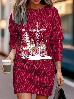 Women's Christmas Casual Dress Sweatshirt Dress Mini Dress Warm Fashion Outdoor Vacation Crew Neck Print Santa Claus Christmas Tree Print Loose Fit Wine Red Burgundy S M L XL XXL -Fashion Life Shop xwlnrt1695349335632