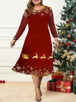 Women's Christmas Plus Size Curve Casual Dress Skater Dress A Line Dress Santa Claus Gradient Midi Dress Long Sleeve Print Crew Neck Fashion Outdoor Black White Fall Winter L XL XXL 3XL 4XL -Fashion Life Shop xwmjgs1695264754207