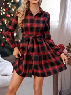 Women's Casual Dress Christmas Dress Shirt Dress Plaid Belted V Neck Mini Dress Fashion Elegant Christmas Daily Long Sleeve Red Summer Spring S M L XL 2XL