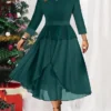 Women's Christmas Plus Size Curve Winter Dress Casual Dress Chiffon Dress Plain Midi Dress Long Sleeve Ruffle Layered V Neck Fashion Christmas Green Fall Winter L XL XXL 3XL 4XL
