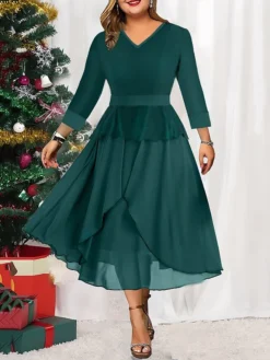 Women's Christmas Plus Size Curve Winter Dress Casual Dress Chiffon Dress Plain Midi Dress Long Sleeve Ruffle Layered V Neck Fashion Christmas Green Fall Winter L XL XXL 3XL 4XL