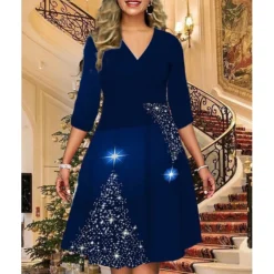 Women's Christmas Print Dress Wine Light Red Dark Green Red Black Long Sleeve Elk SnowmanTree Print Winter Autumn V Neck Fashion CasualFall Dress Loose Fit 2022 S M L XL 2XL 3XL 4XL 5XL -Fashion Life Shop xxeaiv1668427182786