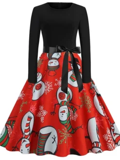Women's Christmas Casual Dress Swing Dress Vintage Dress Midi Dress Green Blue Light Red Long Sleeve Santa Claus Bow Winter Fall Autumn V Neck Slim 2022 S M L XL XXL 3XL -Fashion Life Shop xywqaa1666776945047