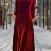 Women's Christmas Dress Winter Dress Casual Dress Long Dress Maxi Dress Patchwork Pocket Outdoor Christmas Daily Fashion Modern Cowl Neck 3/4 Length Sleeve 2023 Regular Fit Wine Color S M L XL XXL