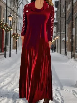 Women's Christmas Dress Winter Dress Casual Dress Long Dress Maxi Dress Patchwork Pocket Outdoor Christmas Daily Fashion Modern Cowl Neck 3/4 Length Sleeve 2023 Regular Fit Wine Color S M L XL XXL