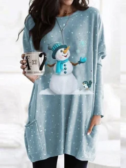 Women's Christmas Casual Dress T Shirt Dress Tee Dress Shift Dress Mini Dress Blue Long Sleeve Snowman Pocket Winter Fall Autumn Crew Neck Fashion Daily Date Loose Fit 2022 XS S M L XL XXL 3XL 4XL 5XL