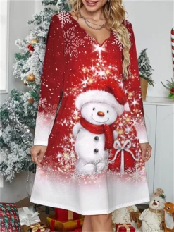 Women's Casual Dress Christmas Dress Winter Dress Snowman Print Scalloped Neck Mini Dress Fashion Streetwear Outdoor Christmas Long Sleeve Regular Fit Wine Fall Winter S M L XL XXL