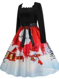 Women's Christmas Casual Dress Vintage Dress Midi Dress Black Blue Wine Long Sleeve Santa Claus Bow Winter Fall Spring Square Neck Vacation Christmas Daily Vacation 2022 S M L XL XXL 3XL -Fashion Life Shop ybhfel1667637130997