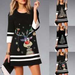 Women's Christmas Shift DressShort Mini Dress Silver Gold Rainbow 3/4 Length Sleeve AnimalTree Patchwork Print Fall Winter Crew Neck Casual Classic Loose Fit 2022 S M L XL 2XL