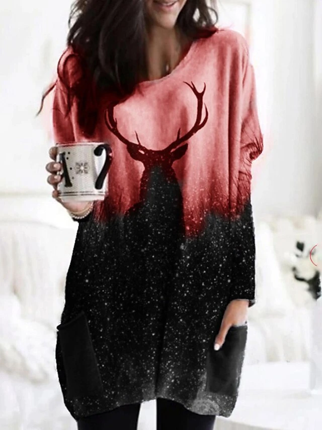 Women's Christmas Casual Dress T Shirt Dress Tee DressShort Mini Dress Green Orange Red Gray Long Sleeve Elk Color Gradient Pocket Fall Winter Crew Neck Casual 2022 S M L XL XXL 3XL 4XL 5XL 4 Women's Christmas Casual Dress T Shirt Dress Tee DressShort Mini Dress Green Orange Red Gray Long Sleeve Elk Color Gradient Pocket Fall Winter Crew Neck Casual 2022 S M L XL XXL 3XL 4XL 5XL - Image 4