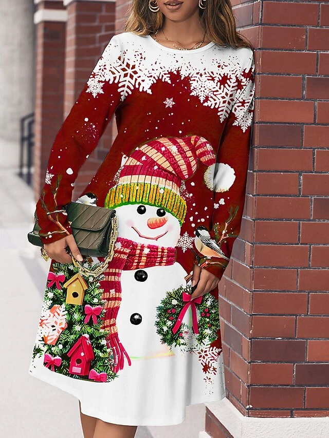 Women's Casual Dress Christmas Dress Winter Dress Snowman Snowflake Pocket Print Crew Neck Midi Dress Fashion Streetwear Outdoor Christmas Long Sleeve Regular Fit Wine Blue Green Fall Winter S M L XL 1 Women's Casual Dress Christmas Dress Winter Dress Snowman Snowflake Pocket Print Crew Neck Midi Dress Fashion Streetwear Outdoor Christmas Long Sleeve Regular Fit Wine Blue Green Fall Winter S M L XL