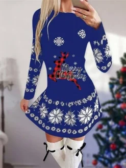Women's Christmas Casual Dress Shift DressShort Mini Dress Black Blue Red Long Sleeve Animal Snowflake Print Fall Winter Crew Neck Fashion Casual Loose Fit 2022 S M L XL XXL 3XL -Fashion Life Shop ycnofd1662541158505