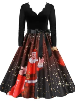 Women's Christmas Party Dress Swing DressKnee Length Dress Green Purple Wine Red Black Long Sleeve Santa Claus Elk Snowman Print Fall Winter V Neck Vintage Party Elegant Party 2022 S M L XL XXL 3XL -Fashion Life Shop ycrcni1665475508463
