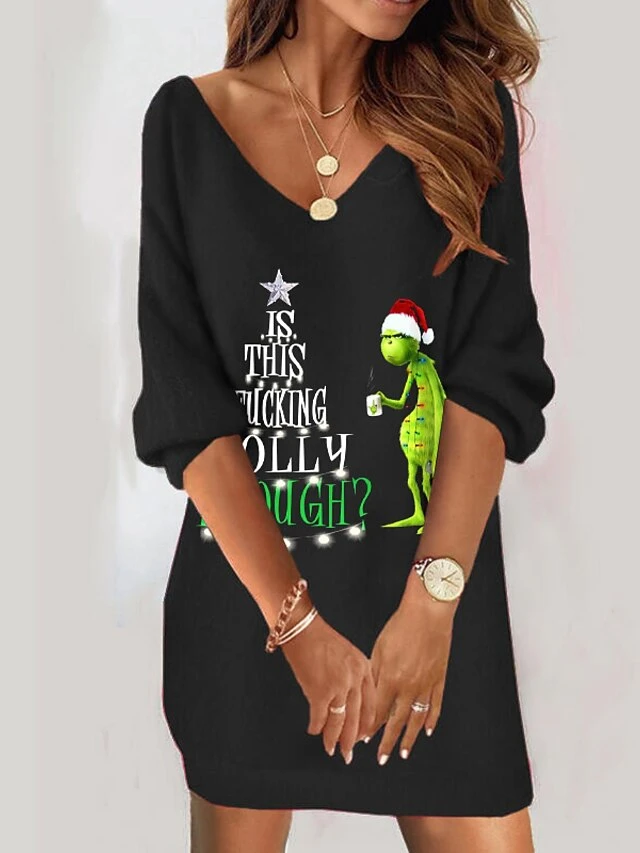 Women's Sweatshirt Dress Shift Dress Sweat Dress Mini Dress Black Light Green Red 3/4 Length Sleeve Grinch Print Spring Fall Winter V Neck Fashion Christmas Loose Fit 2023 S M L XL XXL 3XL 2 Women's Sweatshirt Dress Shift Dress Sweat Dress Mini Dress Black Light Green Red 3/4 Length Sleeve Grinch Print Spring Fall Winter V Neck Fashion Christmas Loose Fit 2023 S M L XL XXL 3XL - Image 2