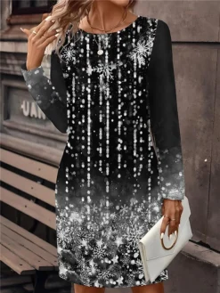 Women's Christmas Dress Casual Dress Mini Dress Active Fashion Outdoor Christmas Holiday Crew Neck Print Snowflake Loose Fit Wine Blue Gray S M L XL XXL -Fashion Life Shop ydbpjh1697108823638