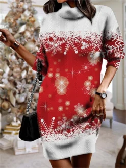 Women's Christmas Dress Sweater Dress Jumper Dress Mini Dress Warm Snowflake Outdoor Christmas Casual Daily Turtleneck Long Sleeve 2023 Loose Fit Burgundy Blue S M L XL XXL 3XL