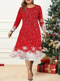Women's Christmas Plus Size Curve Casual Dress Skater Dress A Line Dress Christmas Tree Snowflake Midi Dress Long Sleeve Print Crew Neck Fashion Outdoor Black Wine Fall Winter L XL XXL 3XL 4XL -Fashion Life Shop ydldln1695350911161