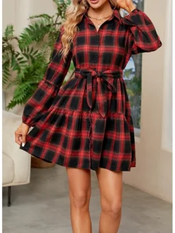Women's Casual Dress Christmas Dress Shirt Dress Plaid Belted V Neck Mini Dress Fashion Elegant Christmas Daily Long Sleeve Red Summer Spring S M L XL 2XL -Fashion Life Shop ydyqvc1691062978475