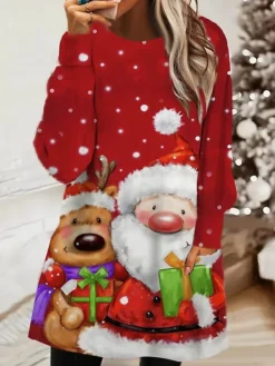 Women‘s Christmas Sweatshirt Dress Shift Dress Mini Dress Wine Red Brown Long Sleeve Letter Pocket Winter Fall Autumn Crew Neck Daily Loose Fit 2022 S M L XL XXL 3XL