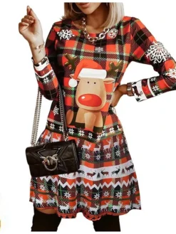 Women's Christmas Casual Dress Sheath Dress Mini Dress Red Long Sleeve Plaid Print Winter Fall Autumn Crew Neck 2022 S M L XL 2XL -Fashion Life Shop yespot1667980533219