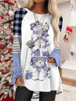 Women's Casual Dress Christmas Dress T Shirt Dress Tee Dress Animal Plaid Print Crew Neck Mini Dress Fashion Streetwear Outdoor Christmas Long Sleeve Loose Fit Pink Blue Purple Fall Winter S M L XL