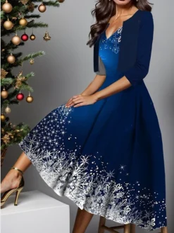 Women's Two Piece Dress Set Casual Dress Swing Dress Outdoor Christmas Fashion Elegant Print Midi Dress V Neck Half Sleeve Snowflake Ombre Regular Fit Burgundy Navy Blue Blue Fall Winter S M L XL XXL