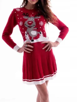 Women's Sweater Dress Christmas Sweater Dress Jumper Dress Mini Dress Ugly Letter Snowflake Deer Outdoor Christmas Casual Holiday Crew Neck Long Sleeve Ruched Ruffle 2023 Regular Fit Wine Rusty Red
