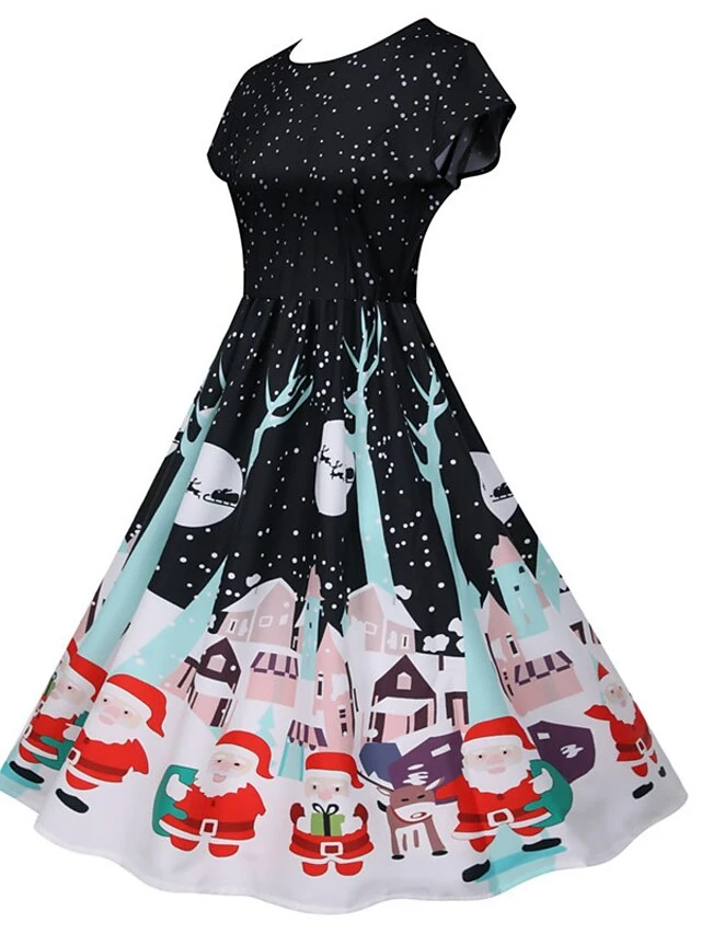 Women's Christmas Knee Length Dress Green Black Red Short Sleeve Print Print Fall Winter Round Neck Casual Vintage2021 S M L XL XXL 12 Women's Christmas Knee Length Dress Green Black Red Short Sleeve Print Print Fall Winter Round Neck Casual Vintage2021 S M L XL XXL - Image 12