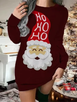Women‘s Christmas Sweatshirt Dress Shift Dress Red Brown Long Sleeve Letter Print Winter Fall Autumn Fashion Daily Loose Fit 2022 S M L XL XXL 3XL