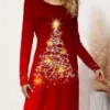 Women's Casual Dress Christmas Dress Winter Dress Christmas Tree Print V Neck Mini Dress Fashion Streetwear Outdoor Christmas Long Sleeve Loose Fit Wine Fall Winter S M L XL XXL