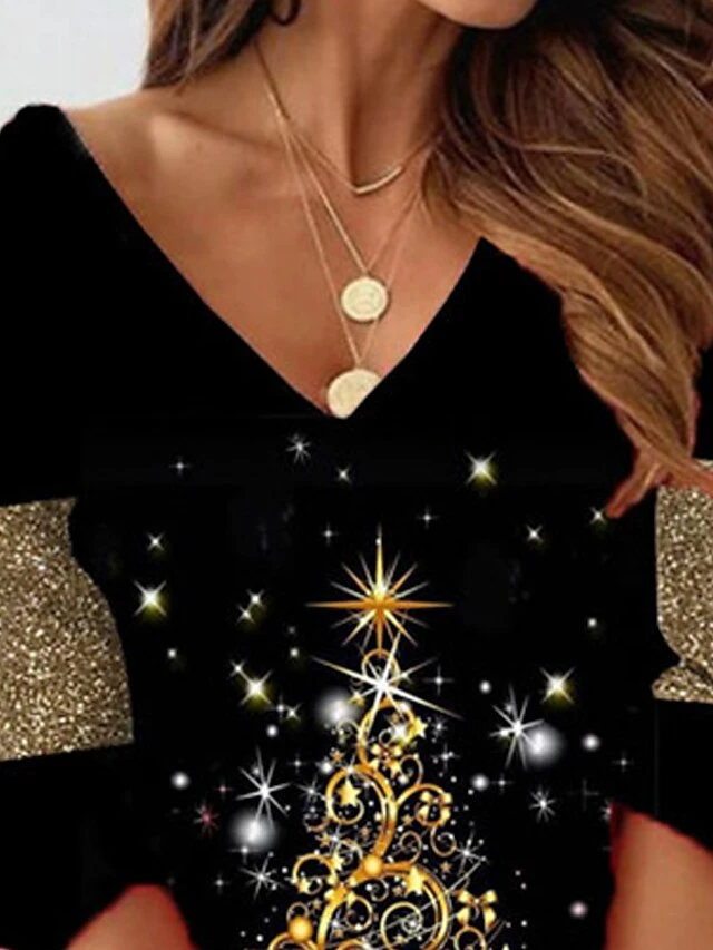 Women's Christmas Sweatshirt Dress Shift Dress Mini Dress Gold 3/4 Length Sleeve Tree Print Winter Fall V Neck Vacation Casual 2022 S M L XL XXL 3XL 3 Women's Christmas Sweatshirt Dress Shift Dress Mini Dress Gold 3/4 Length Sleeve Tree Print Winter Fall V Neck Vacation Casual 2022 S M L XL XXL 3XL - Image 3