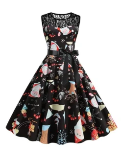 Women‘s Christmas Retro 1950s Vintage Dress Midi Dress Party Patchwork Bow Santa Claus Crew Neck Sleeveless Regular Fit Fall Winter 2023 Black White S M L XL -Fashion Life Shop yjgdqq1694501415439