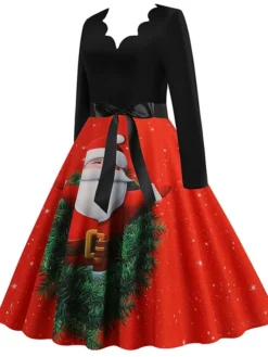 Women's Christmas Swing Dress Vintage Dress Midi Dress Green Blue Purple Long Sleeve Santa Claus Bow Winter Fall Autumn V Neck Fashion Daily Date 2022 S M L XL XXL 3XL -Fashion Life Shop yjkfre1667894687144