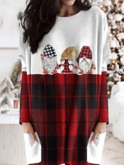 Women's Christmas Casual Dress T Shirt Dress Tee Dress Mini Dress Green Wine Red Long Sleeve Plaid Pocket Winter Fall Crew Neck Fashion Daily Vacation 2022 XXS XS S M L XL 2XL 3XL 4XL